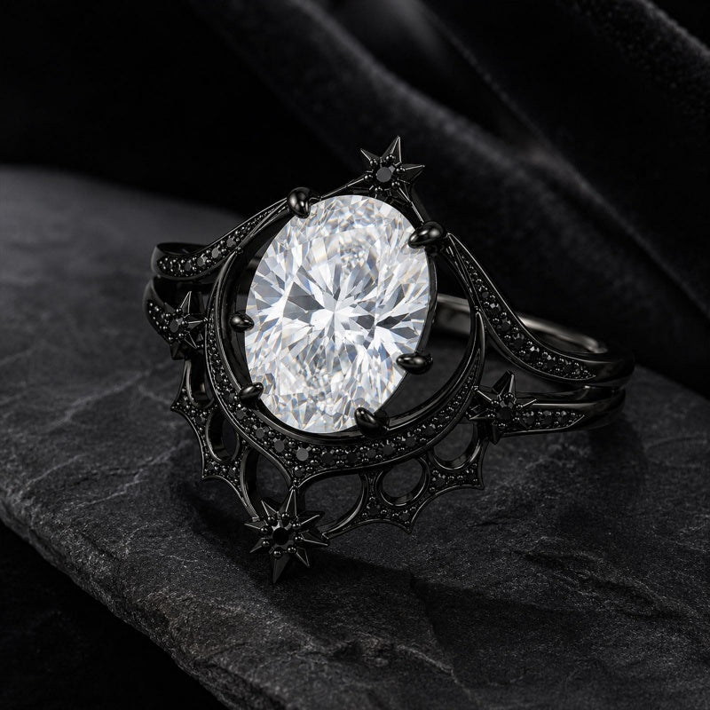 Sterling Silver 10K 14K 18K Gold Moissanite Gothic Black  Engagement Wedding Ring  for Women Halloween Gift