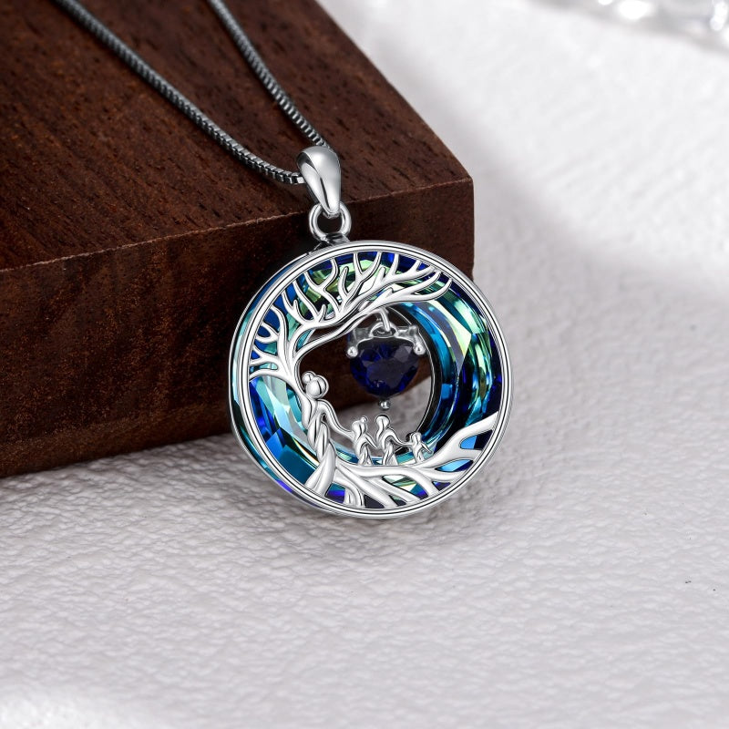 Sterling Silver Crystal  Tree of Life Mother and 1-4 Daughter Son Pendant Necklace Birthday Christmas Gift