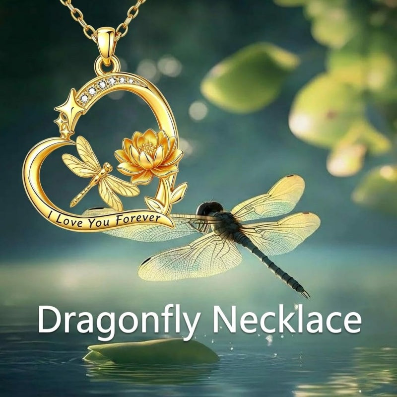10K 14K 18K  Gold Cubic Zirconia Heart Shaped Bee Butterfly Dragonfly  Necklace Engraved with  I Love Your Forever