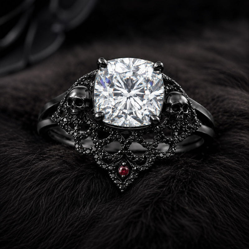 Sterling Silver 10K 14K 18K Gold Moissanite Gothic Black  Engagement Wedding Ring  for Women Halloween Gift