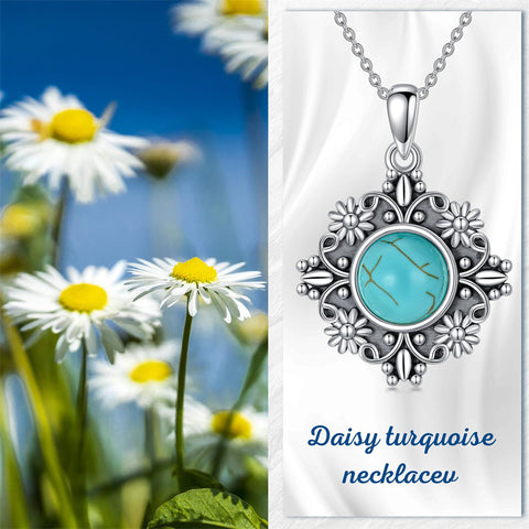 Sterling Silver Turquoise Moonstone Moss Agate Lapis Lazuli Daisy Pendant Necklace