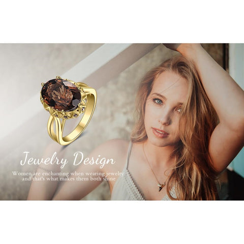 14K Gold Plated  Oval Shape 3.7CT Genuine Smoky Quartz Cocktail Rings for Her