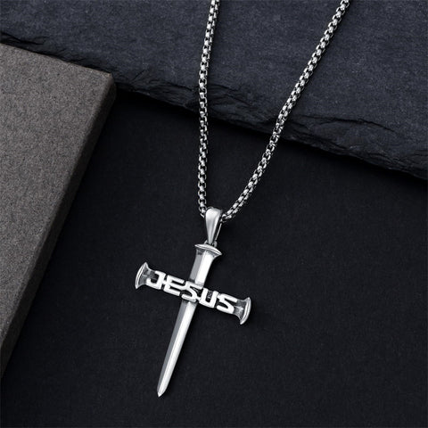 Sterling Silver  Nail Cross Jesus Pendant Necklace
