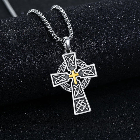 14K Gold Plated Celtic Vikin Cross Pendant Necklace Irish Jewelry Religious Protective Gift