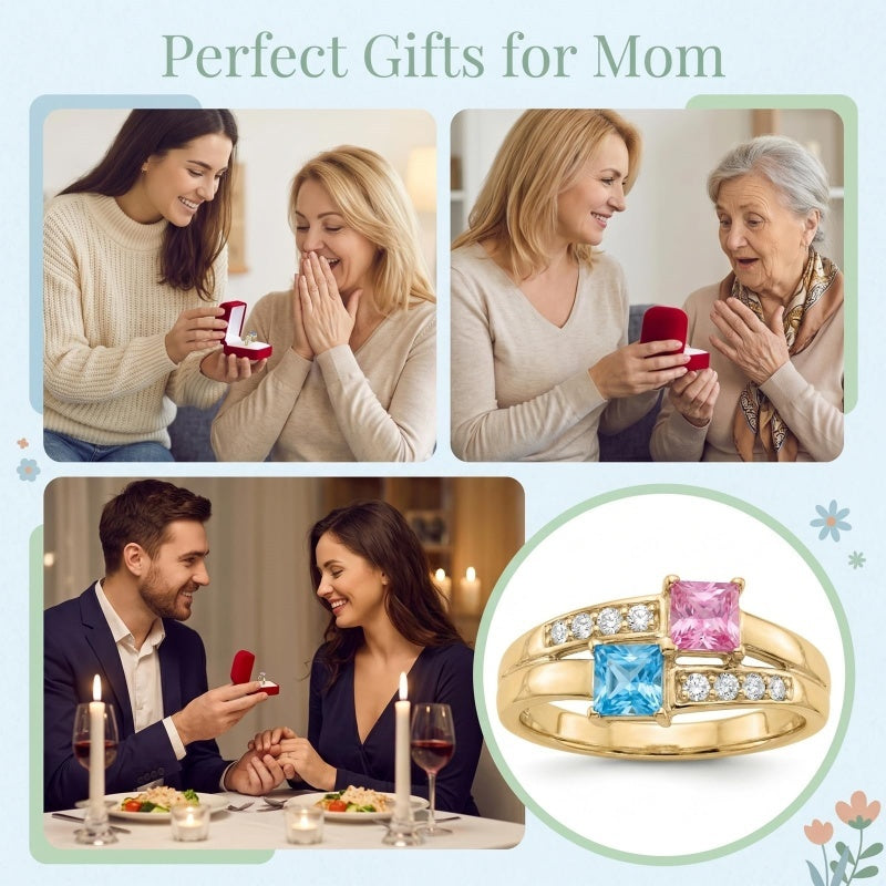 10K 14K 18K Gold Square Shaped Personalized 1-5 Birthstone  Family Mother's Ring Anniversary Ring for Women