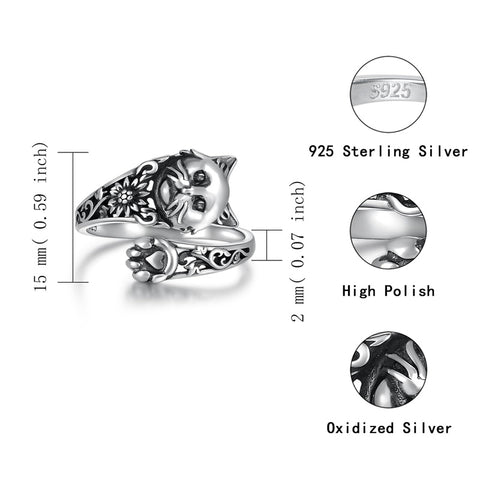 Sterling Silver Cat Adjustable Spoon Ring for Women