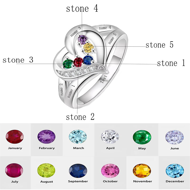 10K 14K 18K Gold Personalized 1-6 Stones Engraved Heart Mother Ring for Mother's Day