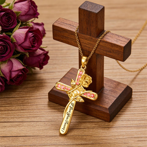 10K 14K 18K Yellow Gold 12 Month Birthstone Rose Flower Pendant Necklace Engraved with I Love You Forever