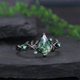 Sterling Silver 10K 14K 18K Gold Natural Leaf  Moss Agate Engagement Anniversary Couple Ring Sets