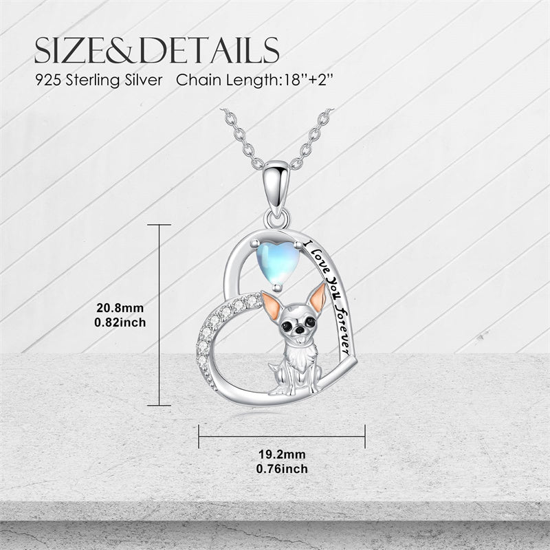 Sterling Silver Moonstone Pug Chihuahua Poodle German Shepherd Maltese Pendant Necklace Engraved wth I Love You Forever