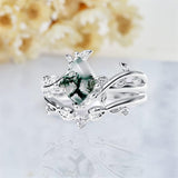 Sterling Silver Kite Cut Natural Moss Agate  Ring Set Promise Ring