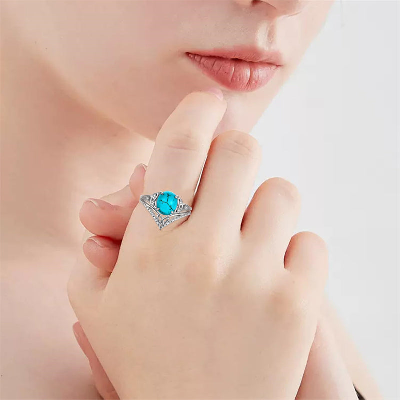 Sterling Silver Genuine Turquoise Engagement Wedding Ring Set for Women