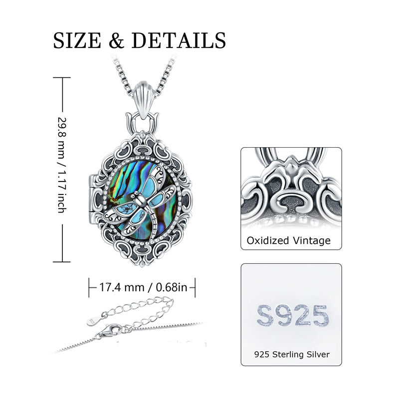 Sterling Silver Turquoise Abalone Shell Dragonfly Photo Locket Necklace