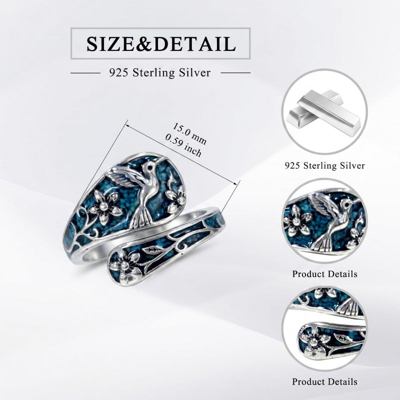 Sterling Silver Turquoise Hummingbird Butterfly Sunflower Adjustable Spoon Ring