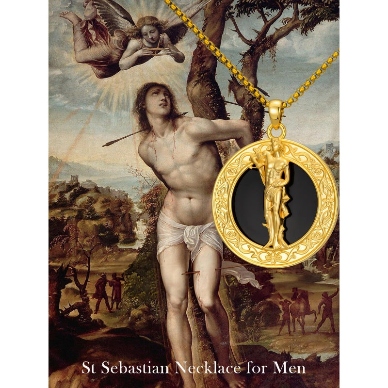 14K Gold Plated Black Onyx Patron Saint Medal Religious Amulet Pendant Necklace for Men