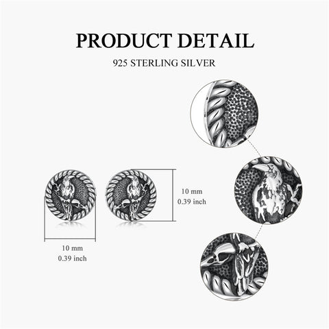 Sterling Silver Viking Raven Crow Skull Stud Earrings