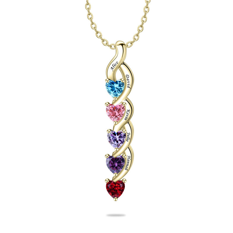 10K 14K 18K Gold Personalized 1-6 Simulated Birthstones Mother's Name Heart Pendant Necklace