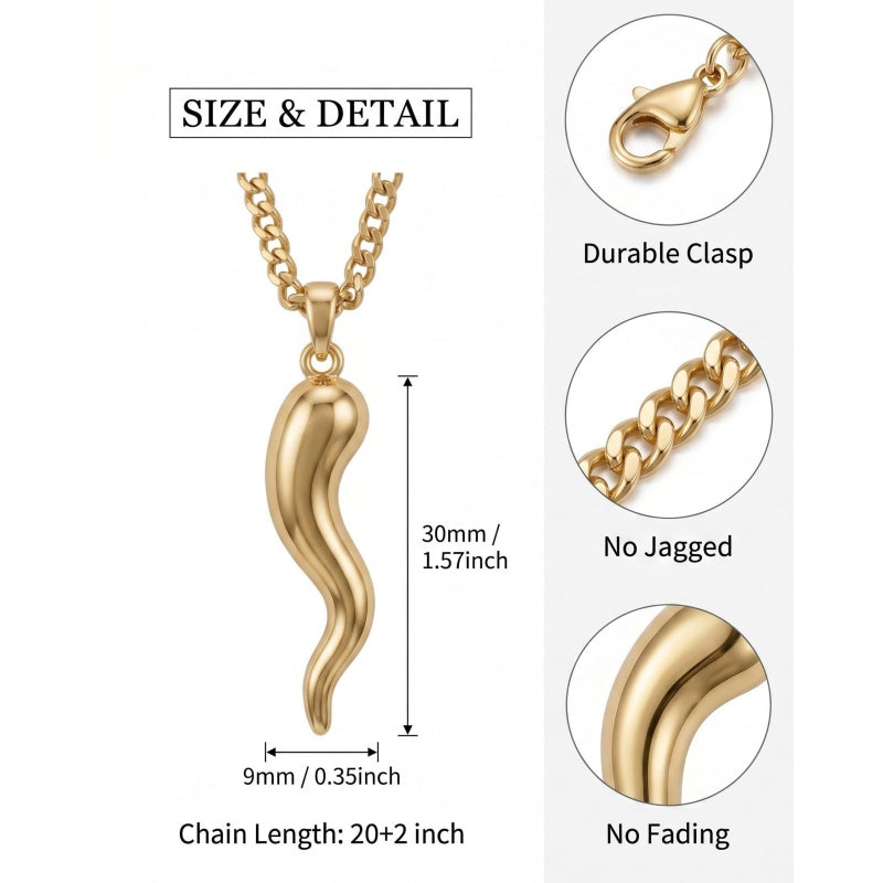 14K Gold  Plated Italian Horn Cornicello Pendant Necklace Lucky Talisman  Amulet Jewelry