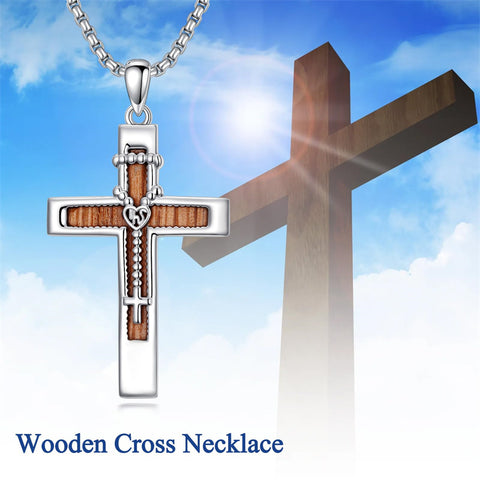 Sterling Silver Wooden Cross Pendant Necklace