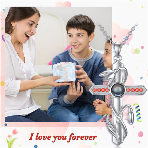 Sterling Silver Cross 100 Languages 12 Month Birthstone Birth Month Flower Pendant Necklace