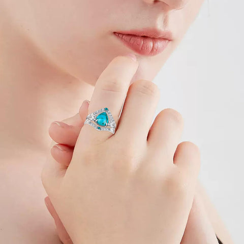 Sterling Silver Genuine Turquoise Engagement Wedding Ring Set for Women