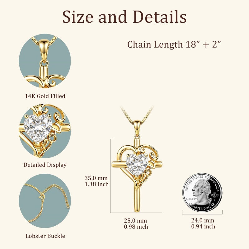 14K Gold  Plated Heart Shape Birthstone  Love Cross Necklace for Women Religious Jewelry