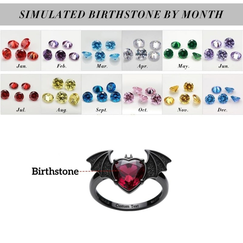 Sterling Silver Personalized Birthstone Punk Skull Bat Snake Ring Goth Jewelry for Halloween Birthday