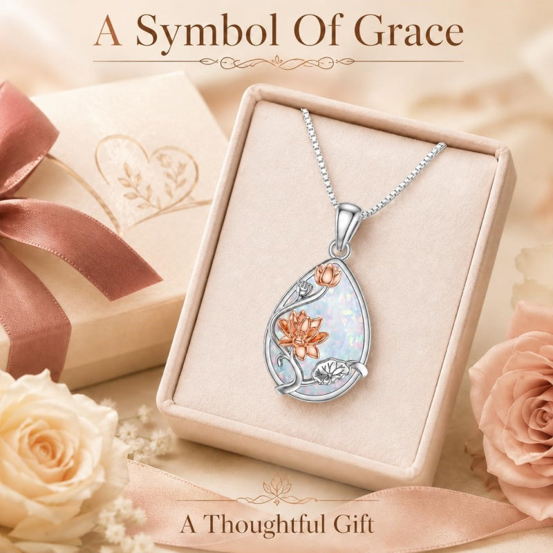 14K  White Gold Plated White Opal Flower Pendant Necklace Birthday Anniversary Jewelry Gifts for Women