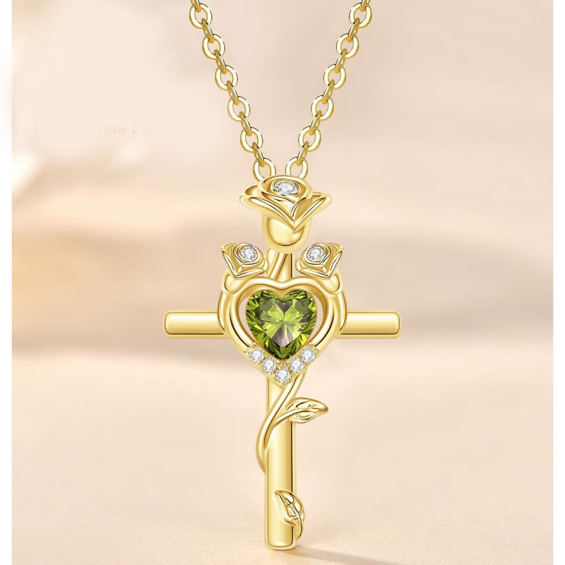 14K Gold Plated Birthstone Rose Cross Necklace for Women Faith Jewelry Gift