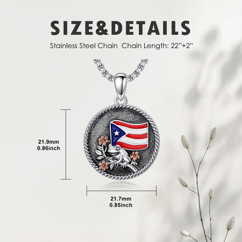 Sterling Silver Frog Flag Puerto Rico Pendant Necklace