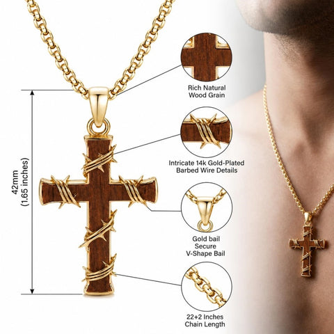 Wood 14K Gold Plated Cross Pendant Necklace