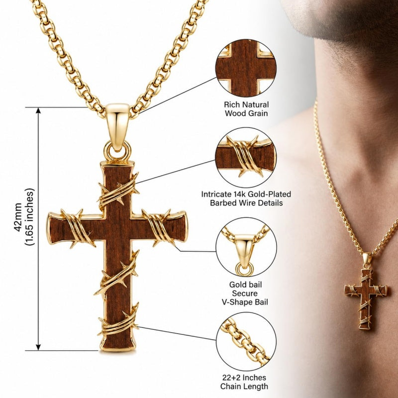 14K Gold Plated Wooden Cross Pendant Necklace Christian Catholic Jewelry Religious Gift