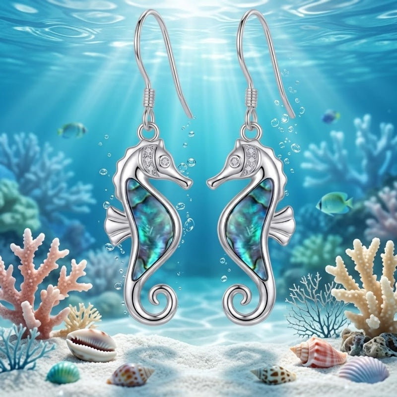 Sterling Silver Abalone Shell Hummingbird Owl Sea Turtle Cat Frog Horse Seahorse Dangle Earrings  Gifts for Christmas