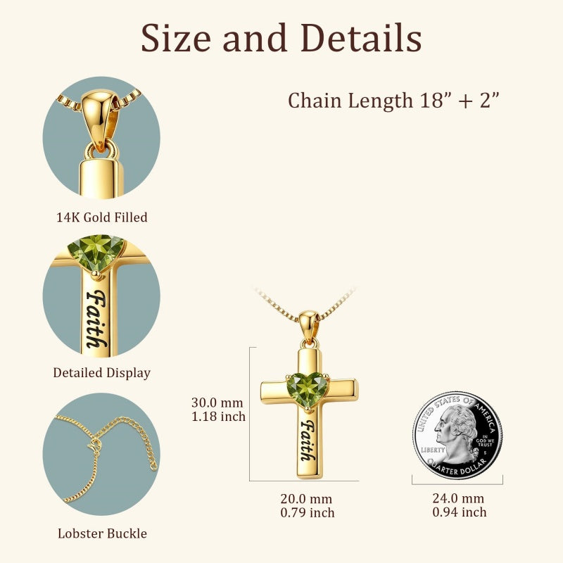 14K Gold Plated Heart Birthstone Cross Necklace for Women Engraved with Faith