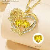 14K Gold  Plated Double Birthstone Heart Sunflower Necklace for Women
