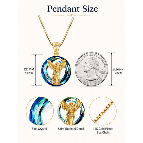 14K Gold Plated Blue Crystal Saint Protection Pendant Necklace Amulet Baptism Gift