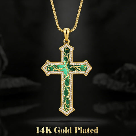 14K Gold Plated Turquoise  Abalone Shell Malachite Wood Filigree Cross Pendant Necklace