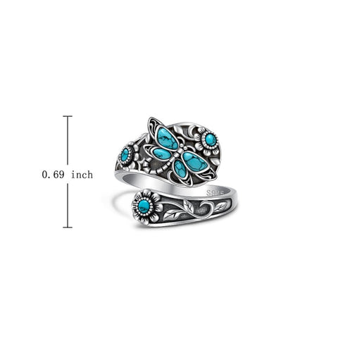 Sterling Silver Turquoise Hummingbird Butterfly Sunflower Adjustable Spoon Ring