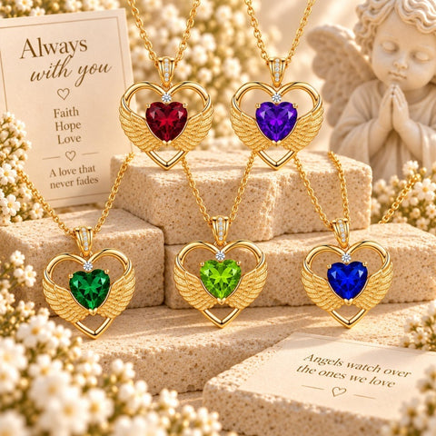 14K Gold Plated 12-Month Birthstone Infinity Angel Wings Pendant Necklace for Women
