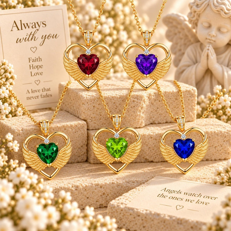 14K Gold Plated 12-Month Birthstone Infinity Angel Wings Pendant Necklace for Women