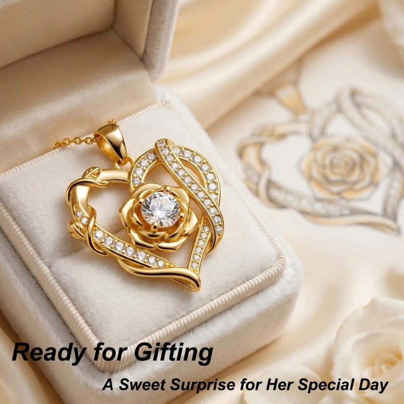 Heart Rose Pendant Necklace for Women  14K Gold Plated Mothers Day  Anniversary Birthday Gift