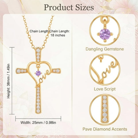 14K Gold Plated  Birthstone  LOVE Heart Cross Necklace for Women Faith Jewelry