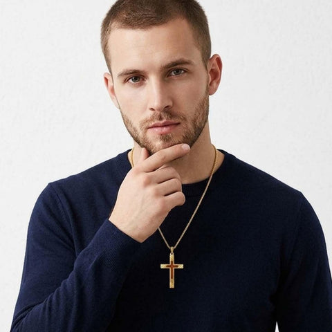 14K Gold Plated Wooden Cross Pendant Necklace Christian Catholic Jewelry Religious Gift