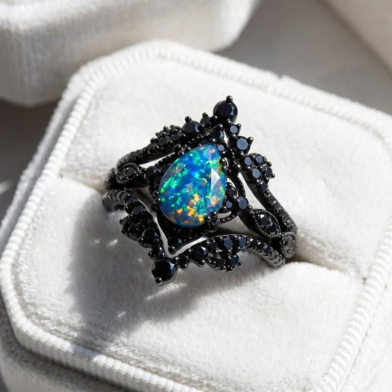 Sterling Silver 10K  14K  18K  Gold Personalized Engraved Black Opal Engagement Wedding Promise Ring for Her