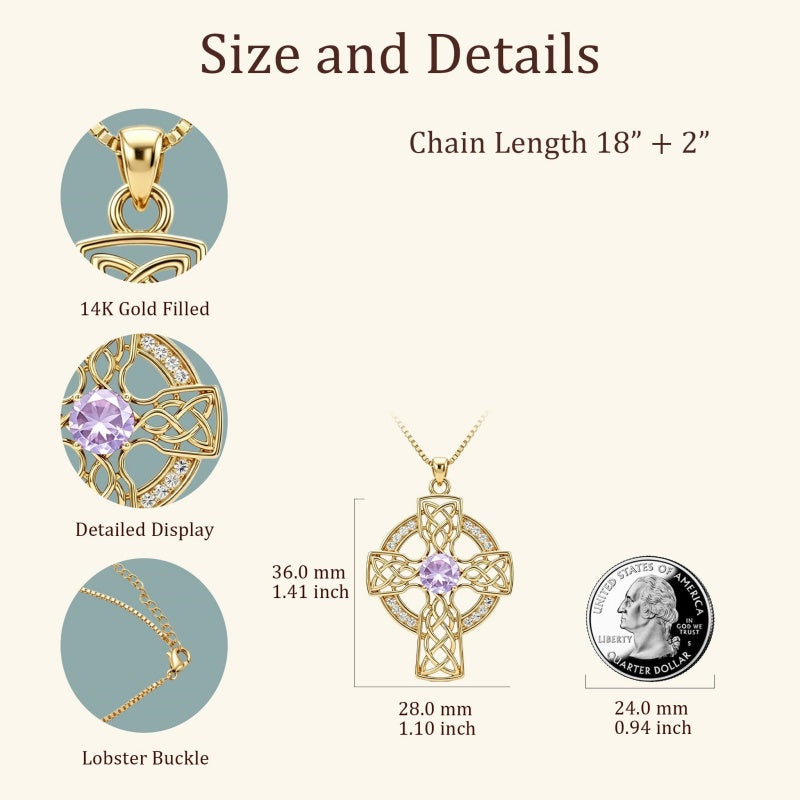 14K Gold Plated Birthstone Celtic Knotwork Cross Necklace for Women