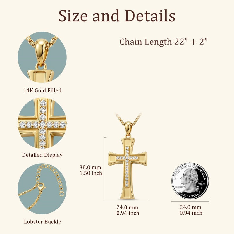 14K Gold Plated Cubic Zircon Cross Pendant Necklace for Men Birthdays Anniversary Christmas Father's Day Gift