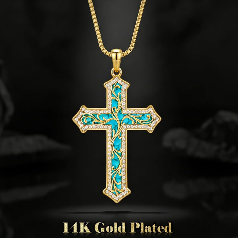 14K Gold Plated Turquoise  Abalone Shell Malachite Wood Filigree Cross Pendant Necklace