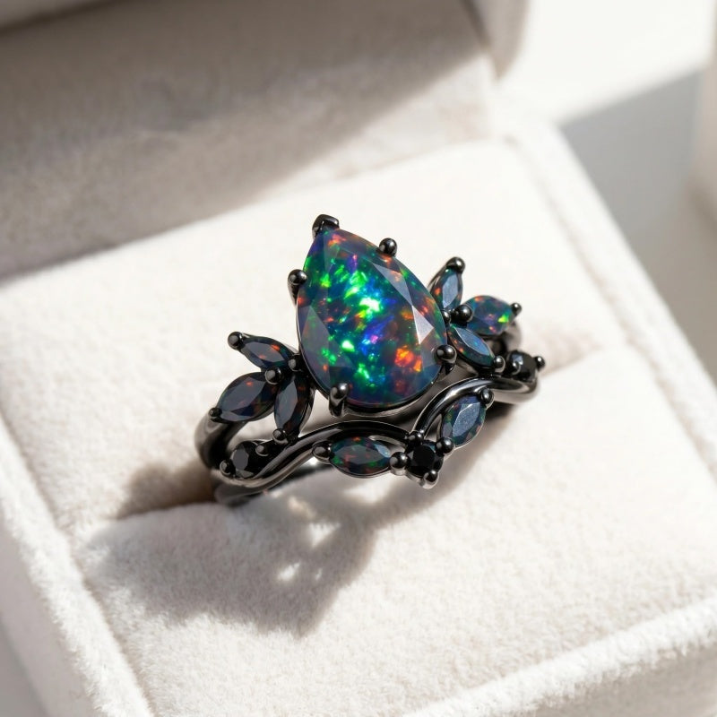Sterling Silver 10K  14K  18K  Gold Personalized Engraved Black Opal Engagement Wedding Promise Ring for Her