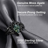 Sterling Silver 10K 14K  18K Gold Personalized Engraved Moss Agate Gothic Promise Wedding Engagement Black Ring Set