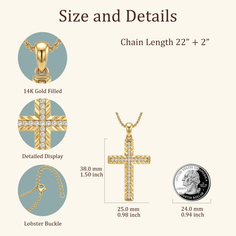 14K Gold Plated Cubic Zircon Cross Pendant Necklace for Men Birthdays Anniversary Christmas Father's Day Gift